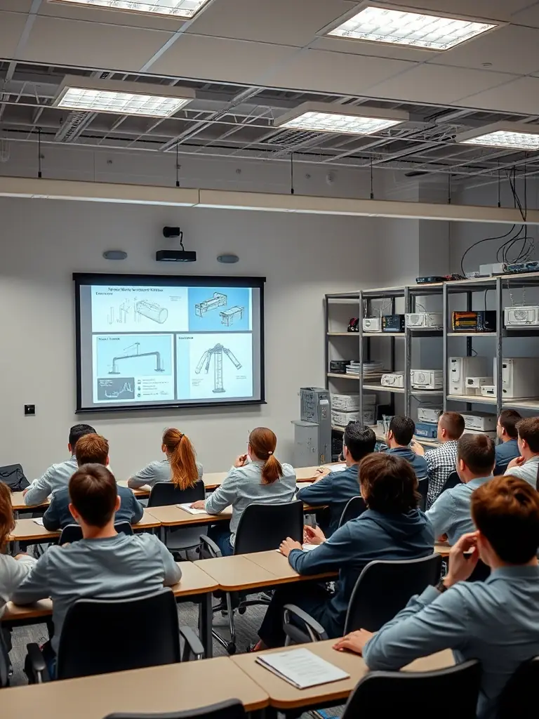 A classroom setting with students learning about lighting installation techniques, with example systems displayed, showcasing the comprehensive training program for installers.