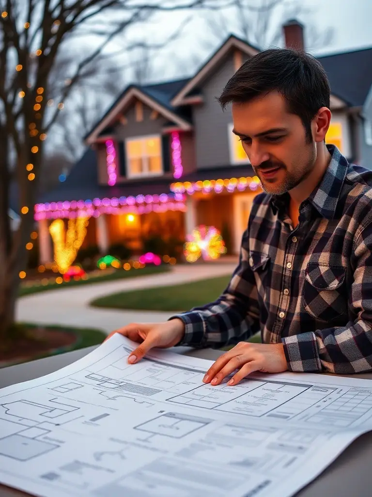 A designer reviewing a lighting plan with a client, with a house illuminated in the background, emphasizing the personalized and professional approach to lighting design.