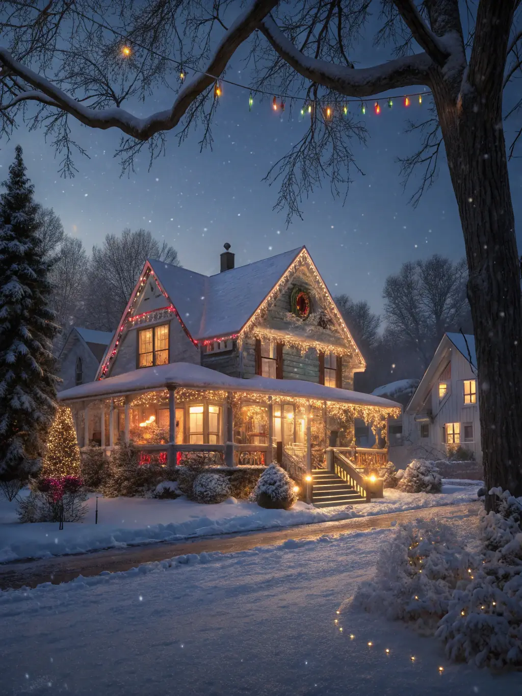 A beautifully lit home during the night showcasing vibrant, permanent holiday lighting installed along the roofline and garden, highlighting the aesthetic appeal and professional installation.
